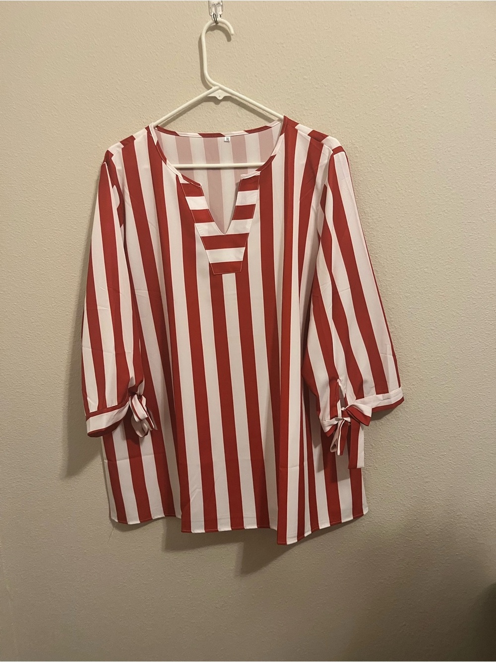 Red and White Stripe V-Neck Tie-Sleeve Women's Top